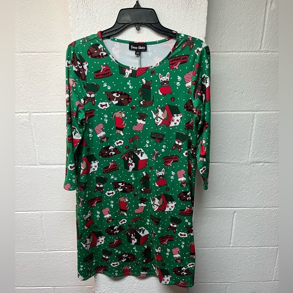 Green Festive Dog Print Long Sleeve Dress. Small